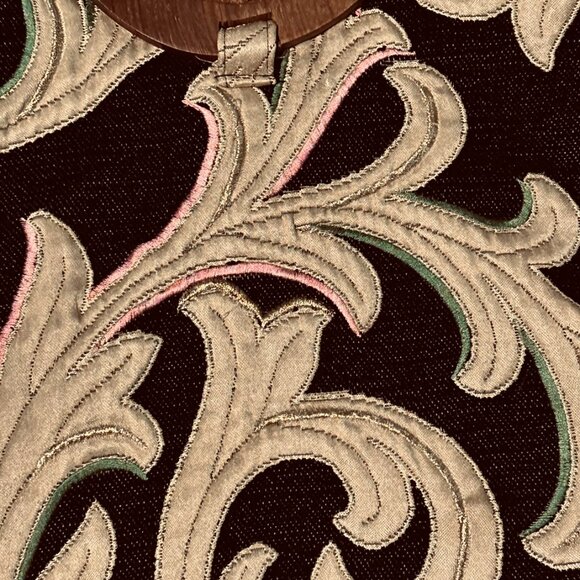 ZARA Crossbody Handbag Boho Wooden Handles Embroidered Fabric Black Tan Purses - Picture 12 of 14